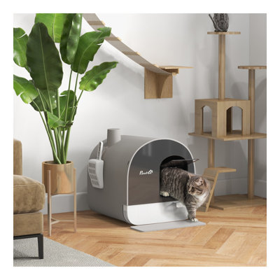 Bac à litière pour chat avec couvercle, bac à litière pour chats d'intérieur avec plateau, pelle, filtre, 17 po x 17 po x 18,5 po, gris clair