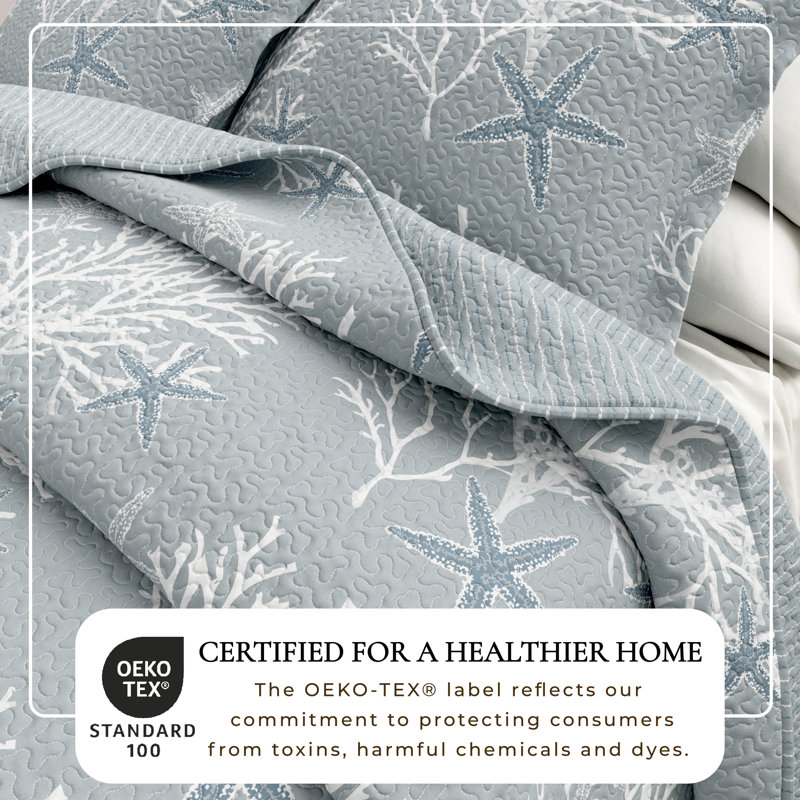 Coral / Starfish Reversible Coastal Quilt Set with Shams, King/California King Quilt + 2 Shams, Pearl Blue