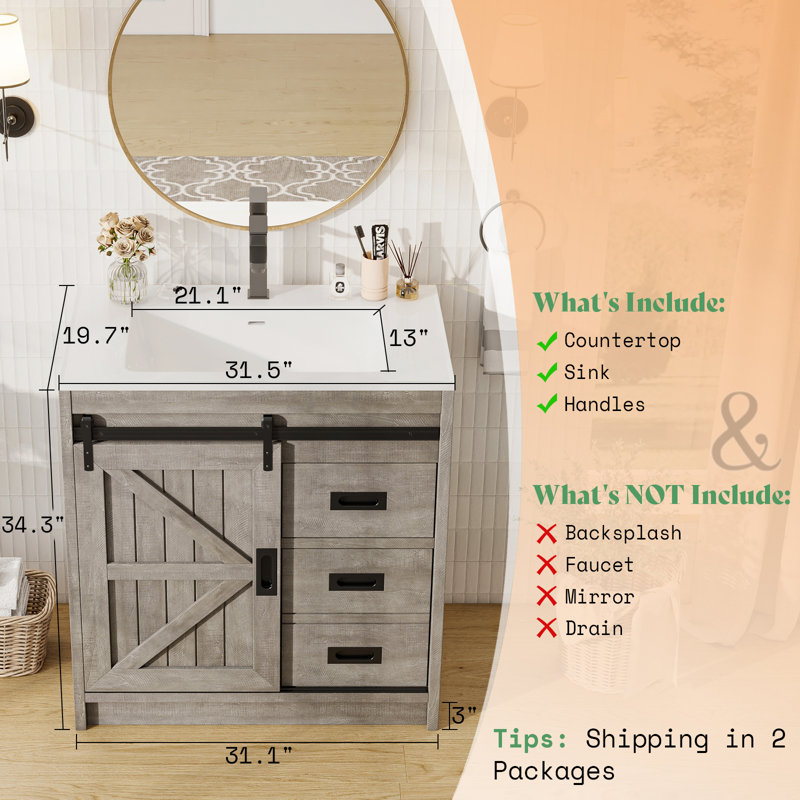 Chimira 31" Sliding Barn Door Bathroom Vanity with Sink, Farmhouse Small Single Bathroom Vanity Set, Gray, Gray