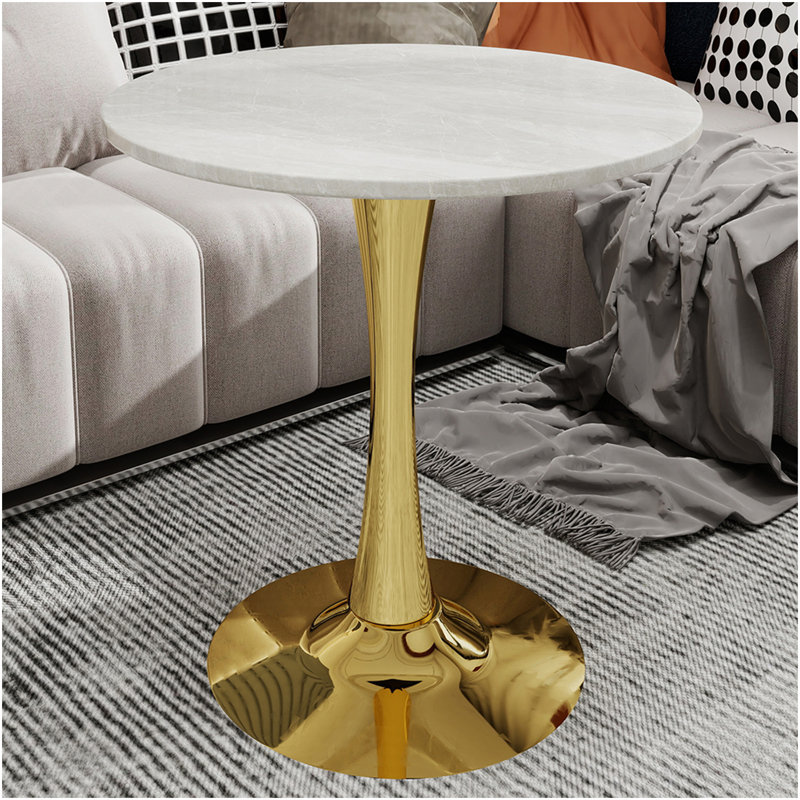 Marble-Top Round Side Table With Tapered Pedestal Base, Ideal For Living Room, Modern Minimalist Design, Light Gray, Gold