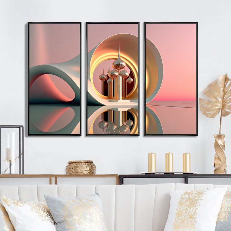 «Minimalistic liquid Gold Architecture II», reproduction sur toile 3 pièces, Toile à cadre flottant noir