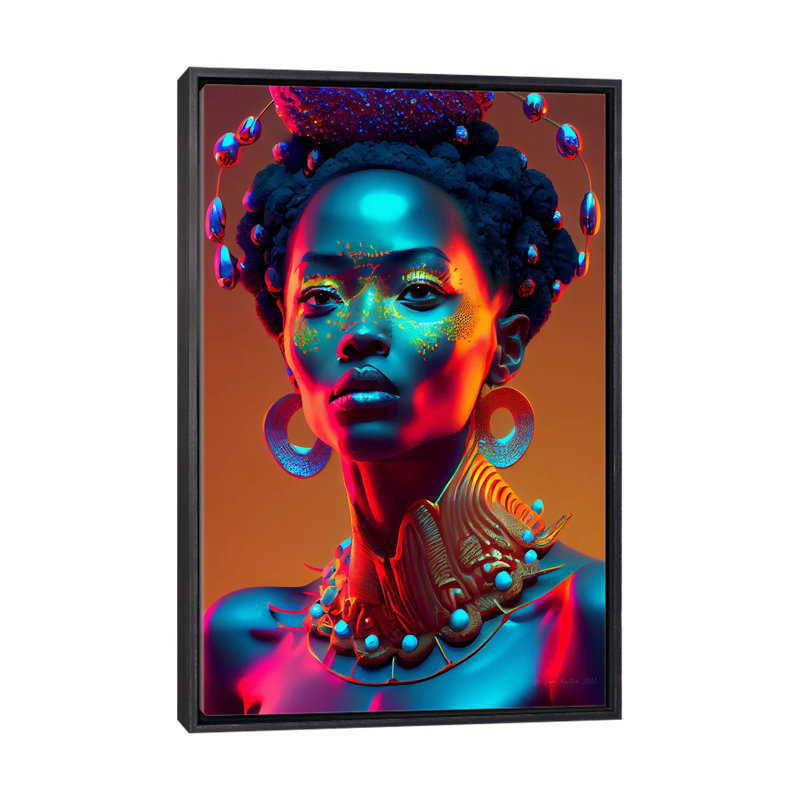 Afrofuturist, reine de la royauté africaine I, Toile encadrée flottante noire patinée, H 26 po x l 18 po x P 1,5 po