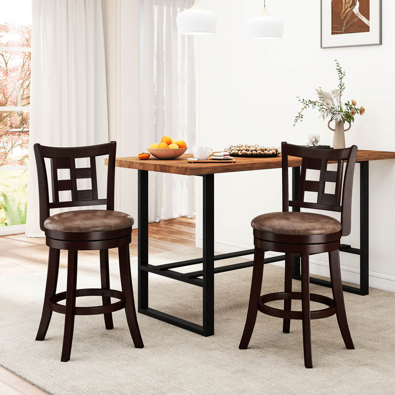 Set Of Bar Stools Swivel Bar Chairs With Footrest, Lattice Backrest,  Counter Stool (26” Seat Height), 2