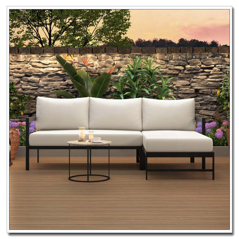Outdoor L-Shaped Sofa with Iron Frame, Beige