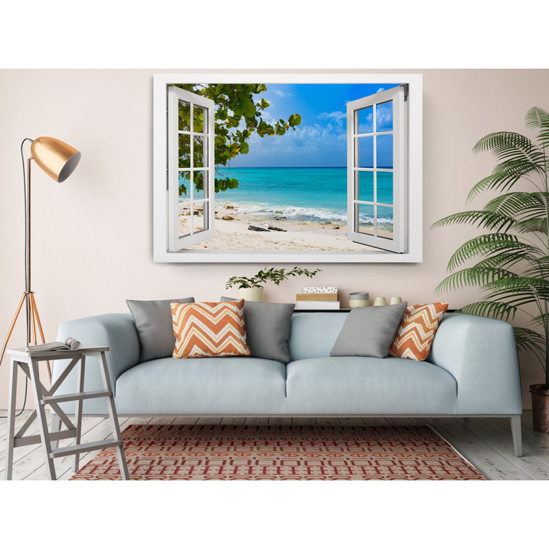 Impression sur toile, "Ocean Bliss with Open Window and Tree View Blue Sky Motivation" sur toile, H 12 po x l 18 po