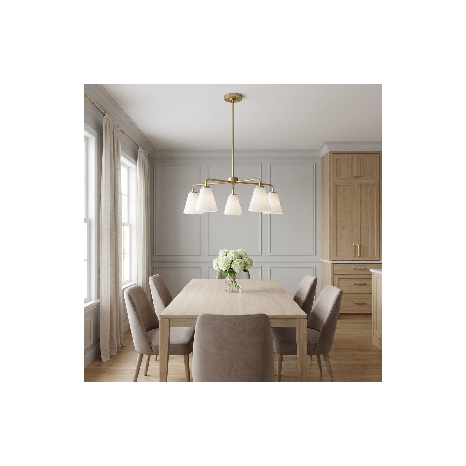 Hayden Five Light Chandelier, Satin Brass, White