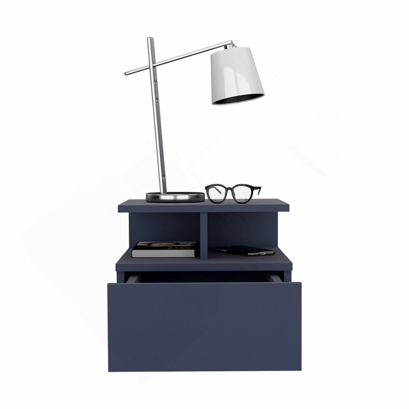 Table de chevet suspendue, avec un tiroir et deux petites étagères inférieures pour le rangement ou la décoration, bleu marine