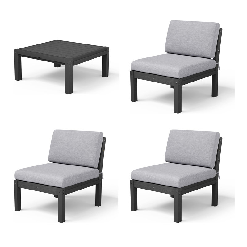 3 - Person Modular Patio Conversation Sets With Cushions, 4-Piece Outdoor All-Weather Waterproof HIPS Sofa Seating Group, Black