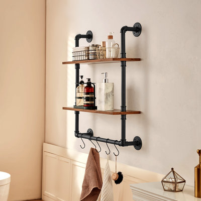 Industrial Pipe Shelf 2-Tier Wall-Mounted Unit (61 x 20 cm) for Kitchen and Bedroom