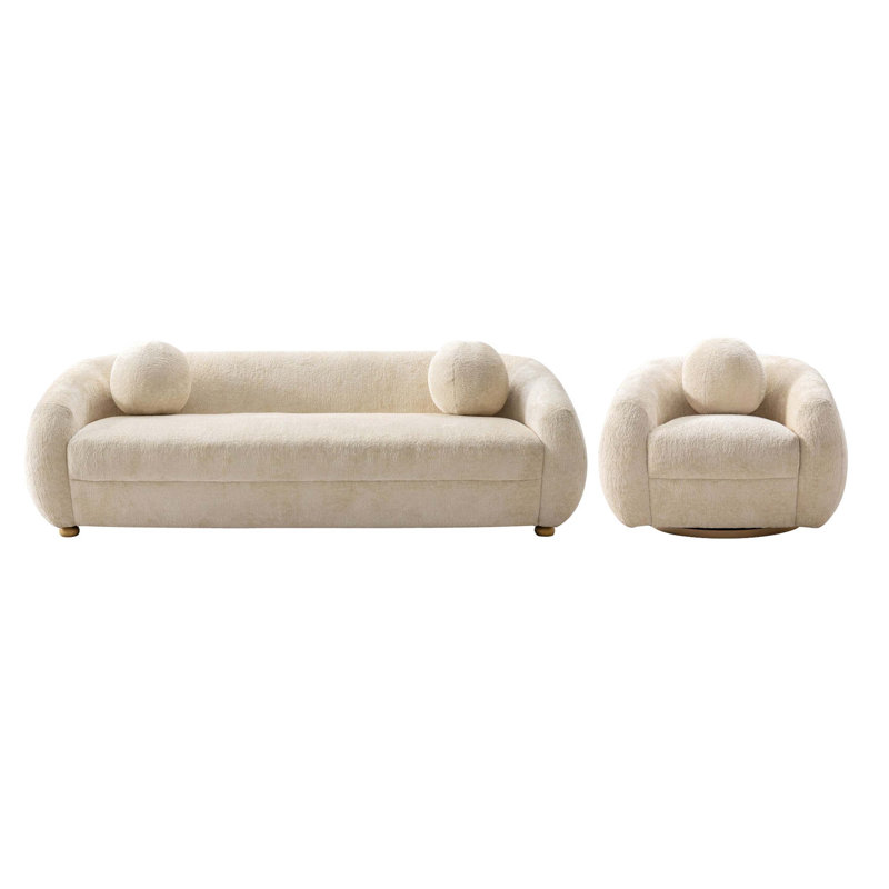 Cezmi 2-Piece Modern Chenille 85.8" Sofa and Accent Chair Set in, Cezmi Cream Chenille
