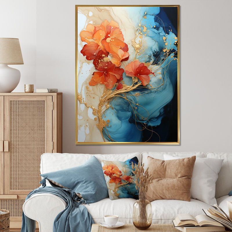 Breelan orange sarcelle abstrait fractal - fractales grand art mural, H 40 po x l 30 po, Reproduction avec cadre flottant