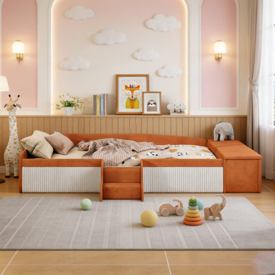 Velvet Upholstered Daybed With Stairs, Gas Lift Storage Ottoman, And Padded Guardrails