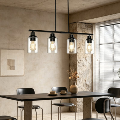 Lustre noir industriel à 4 lumières pour la salle à manger, luminaire linéaire à hauteur réglable au-dessus de la table avec abat-jour en verre transparent, éclairage d'îlot de cuisine de ferme pour plafonds plats