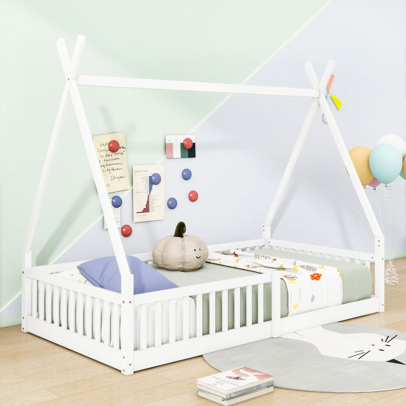 Twin Wooden House-Shaped Bed With Slats And Guardrail, White