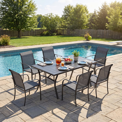 6-Person Patio Dining Set with 63" Rectangular Dining Table and 6 Stackable PVC-coated polyester Chairs