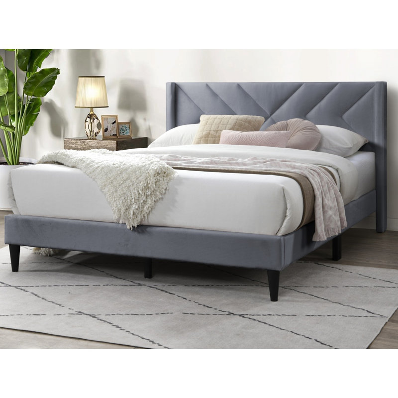 Élégant lit moderne tapissier en velours gris avec lignes épurées et tête de lit 1pc