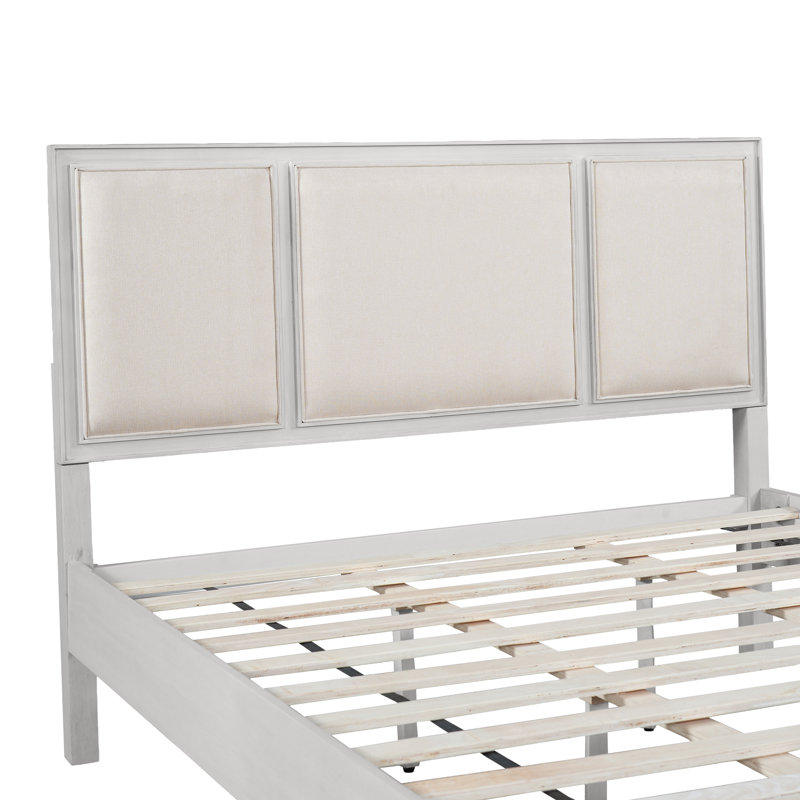 Base de lit plateforme en bois avec tête de lit tapissier Tatum, Beige et blanc, Grand lit