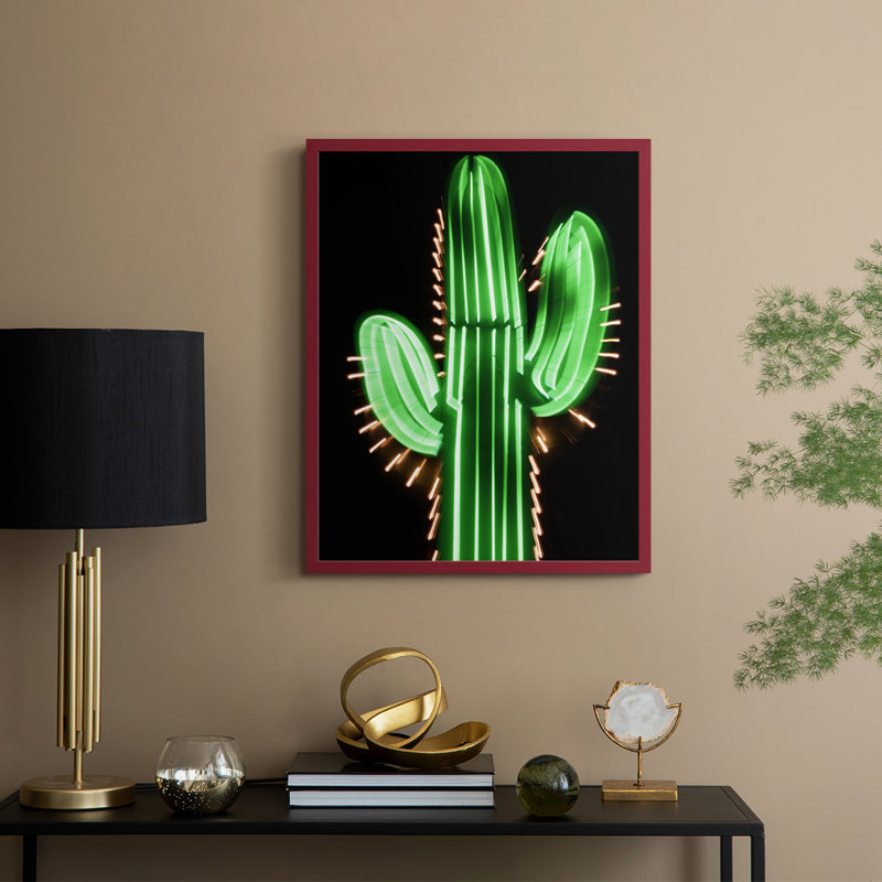 Reproduction encadrée de cactus néon - bois massif, H 11 po x l 9 po, Rouge