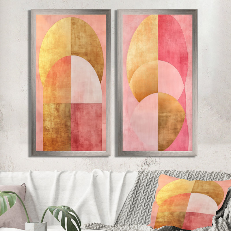 «Pink and Gold Flow Arcs», ensemble d'art mural moderne sur toile abstraite, H 40 po x l 40 po, Black Picture Framed