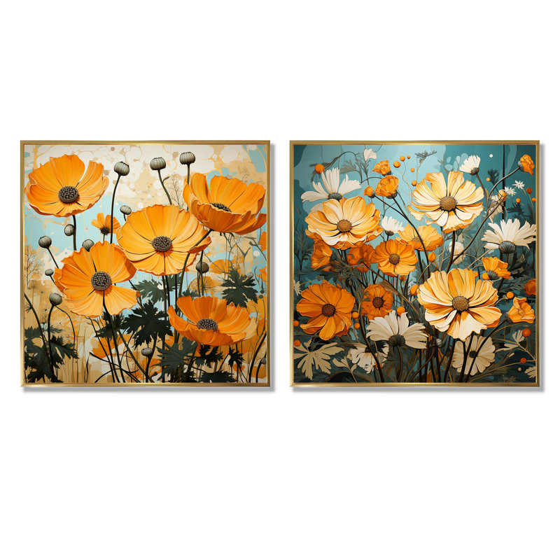Ensemble de 2 décorations murales jaune souci, Cadre flottant doré, H 16 po x l 33 po x P 1 po