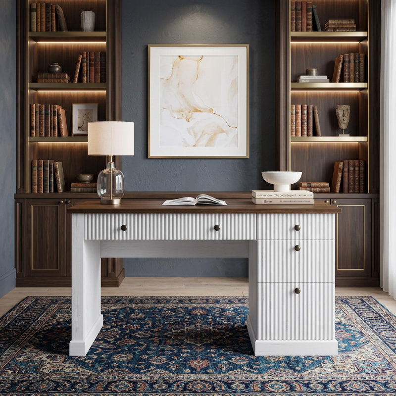 Rangement de bureau cannelé, bureau de direction moderne de 54 po avec station de charge, bureau d'écriture en bois avec classeur et tiroirs pour bureau, salon
