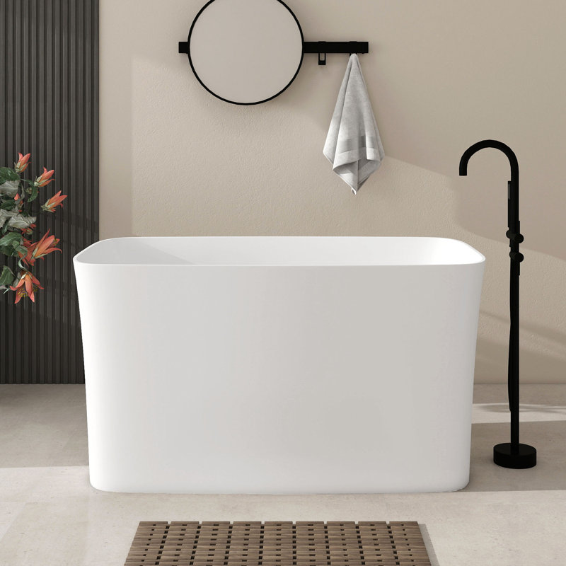 47"  Freestanding Solid Surface Soaking Bathtub  with Seat in White,Rectangle Shape Soaking Tub With Overflow