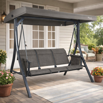 Kozyard Brenda 3-Seat Outdoor Porch Swing Glider, Patio Swing with Adjustable Canopy, Steel Frame, Breathable Textilene Seat & Back, Side Pockets Gray