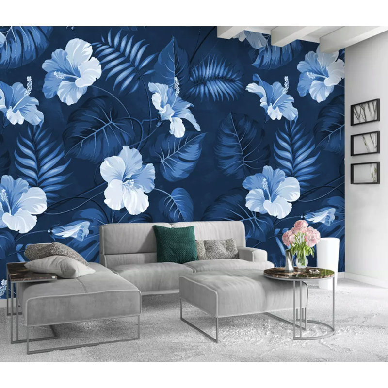 Papier peint amovible classique avec fleurs bleu foncé et mirabilis, 105.96" L x 187" W