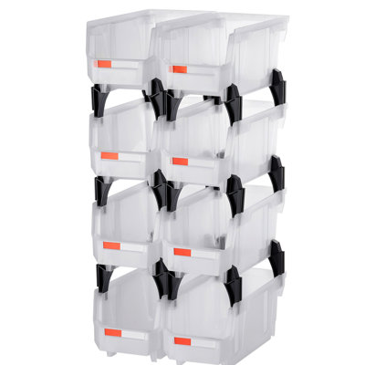 Paquet de 8 bacs de rangement empilables en plastique transparent de 10,9 x 5,5 5,1 po, idéal pour les petits accessoires de garage avec conception modulaire et organisateur de fournitures de bureau à accès rapide