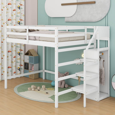 Lit mezzanine double avec armoire de rangement et escalier Jaelina
