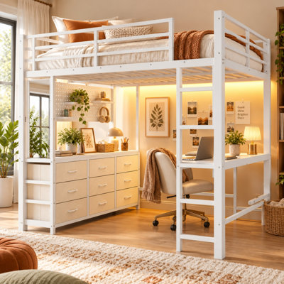 Lit mezzanine multifonctionnel Benedict avec bureau, tiroirs de rangement, miroir, éclairage DEL et port de chargement USB, lit mezzanine haut en métal avec barrières de sécurité sur toute la longueur