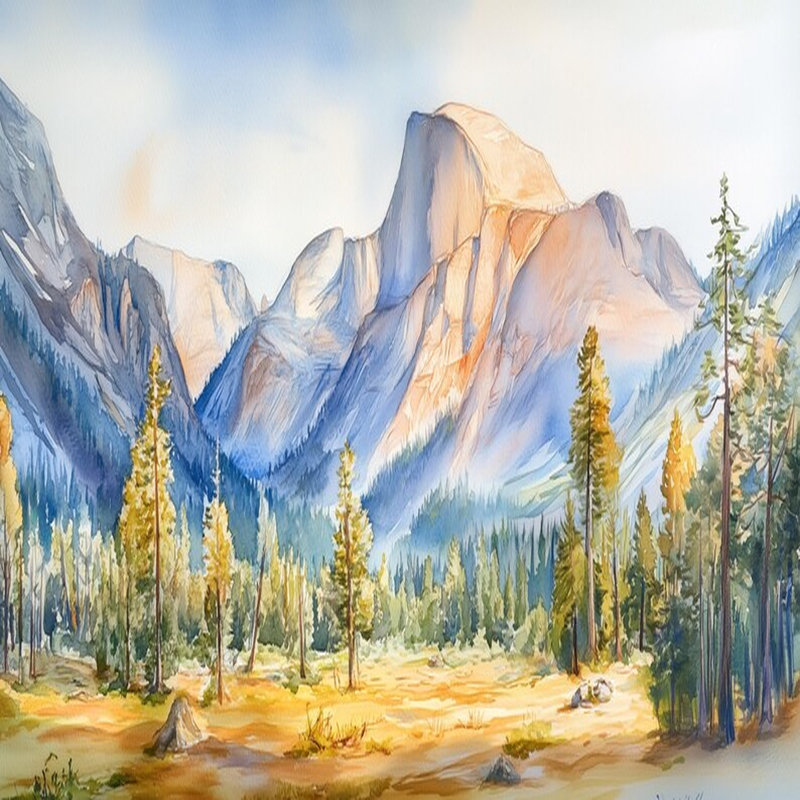 Murale de paysage de montagne Yosemite peint à la main, 96" L x 108" W