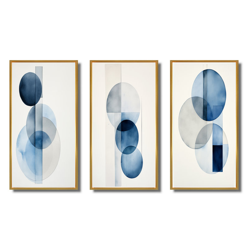 3 pièces sur toile - Unité orbitale minimale en bleu rétro II, Cadre flottant doré, H 20 po x l 36 po