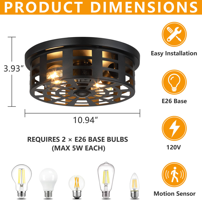11"d 2-light Black Motion Sensor Flush Mount Ceiling Light With Open-air Design, 360° Detection, Adjustable Timer
