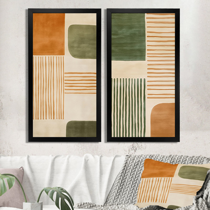 Orange, vert, éthéré, courants optiques - Impressions encadrées modernes 2 pièces, H 40 po x l 40 po, Cadre flottant brun