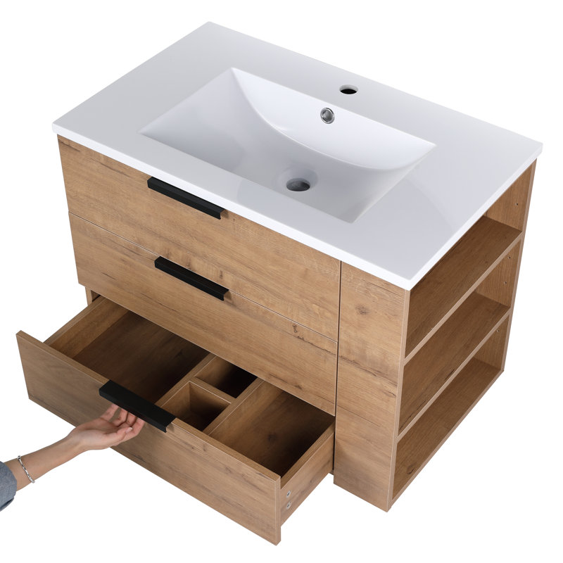 Ensemble de meuble-lavabo simple mural 30 po Carlingford, meuble-lavabo flottant avec 3 tiroirs, 2 tablettes latérales, plateau de meuble-lavabo en résine
