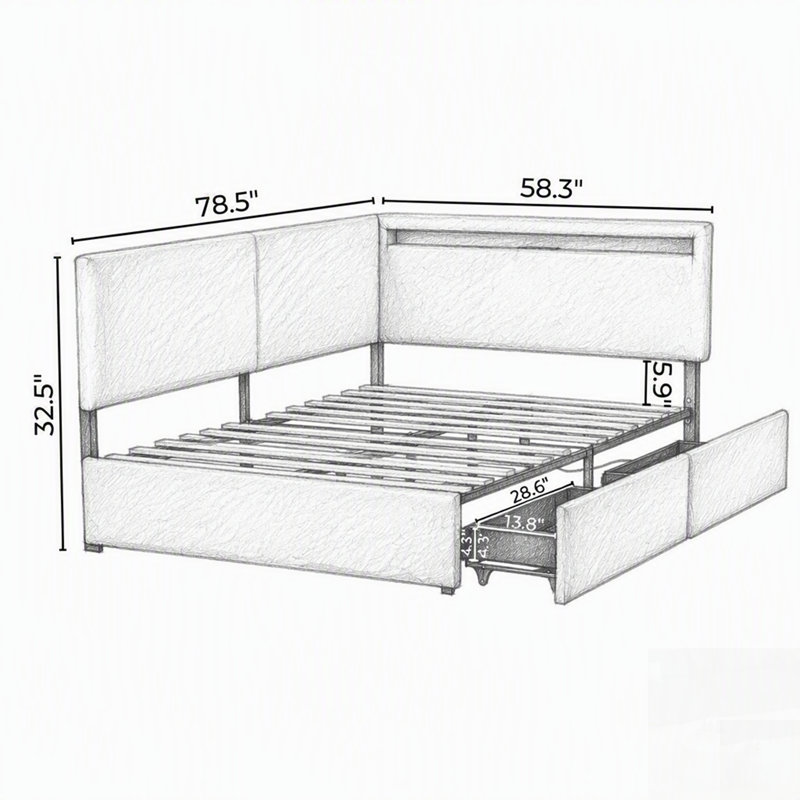 Cadre de lit infonuagique rembourré avec tête de lit, 2 tiroirs de rangement, lumière DEL, chargement USB, pieds et lattes en bois massif, sommier non requis