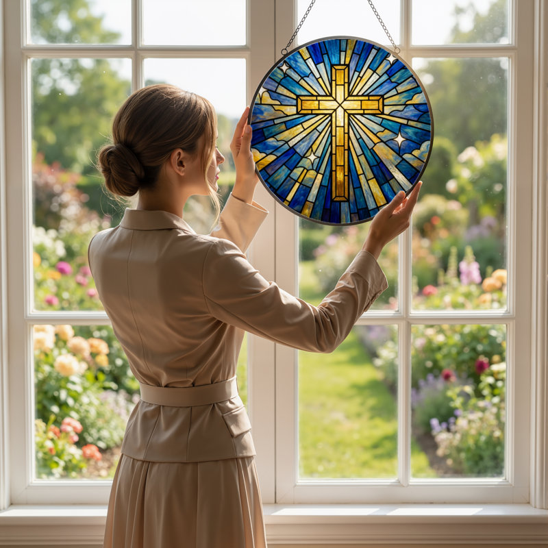 Panneau de vitrail 12 "H Cross Radiance, 12" H x 12" W