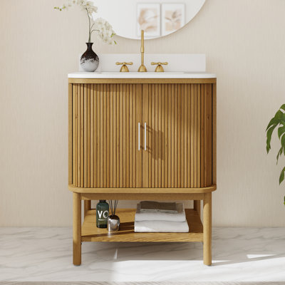 28" Solid Wood Modern Slatted Double Door Bathroom Vanity With Undermount Sink