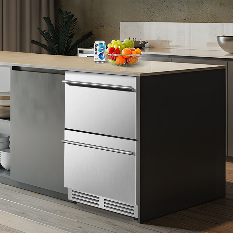 24" Beverage Refrigerator Double Drawer 180 Cans Built-In Stainless Steel Beer Cooler Fridge with Silent Slide 2 Compartment Organizer