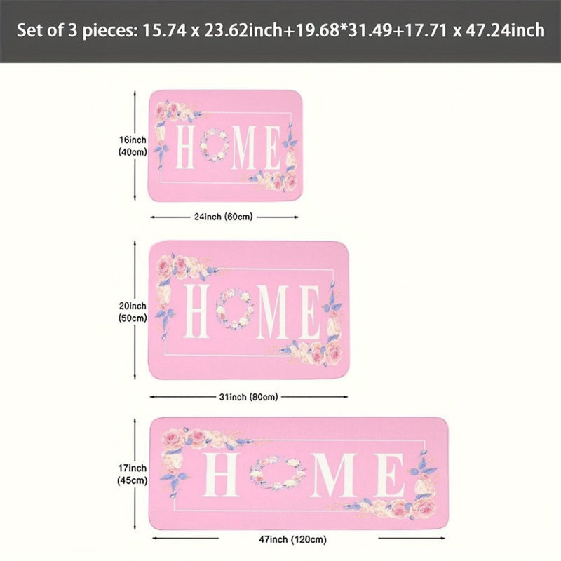 Ensemble de tapis de cuisine 3 pièces Pink Floral Home