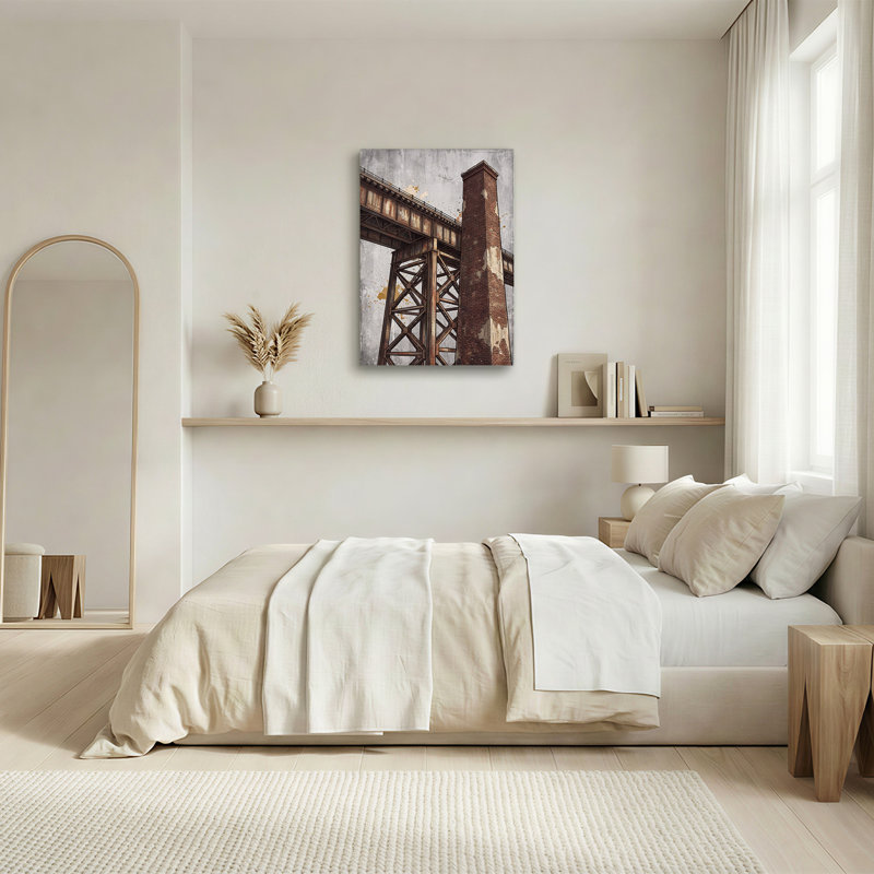 Tableau sur toile représentant une structure métallique industrielle et un haut foyer en briques, H 36 po x l 24 po