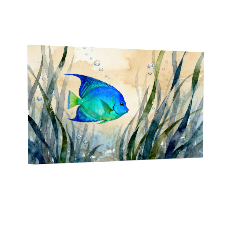 Animals Blue Fish Swimming Among Seaweed Bubbles, 12" H x 18" W
