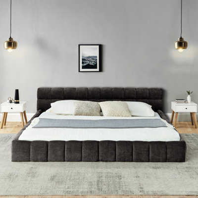 King Upholstered Bed Frame With Soft Headboard, Thick Chenille, And Contemporary Design Flair, Dark Gray Size Chenille Upholstery, Elegant Style,
