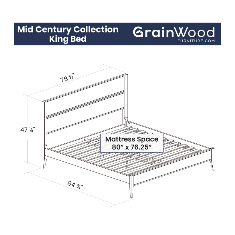 Mid Century Solid Wood Platform Bed, King, Brushed Natural
