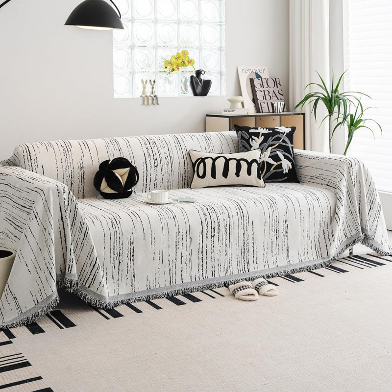 Chenille Box Cushion Sofa Slipcover, White Abstract