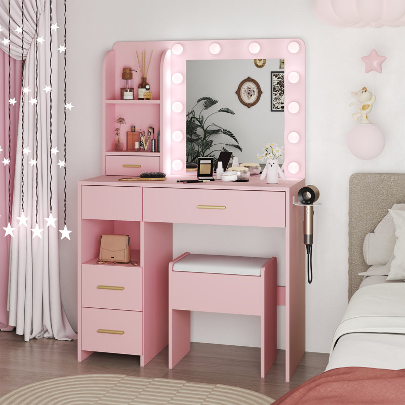 35" Makeup Vanity with LED Mirror and 5 Drawers, Pink