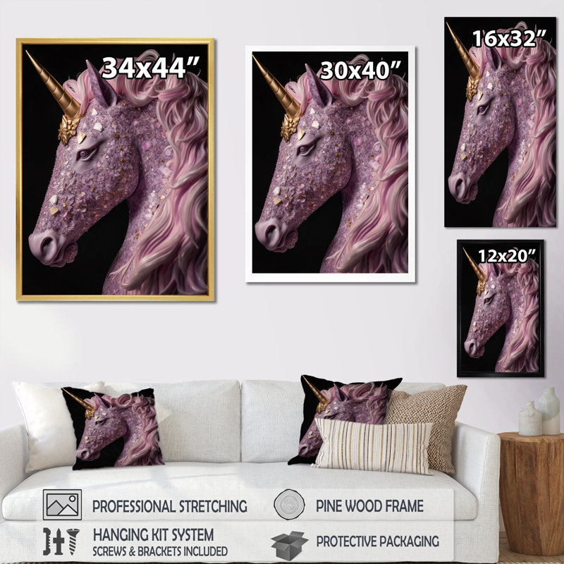 Portrait d'une licorne rose en 3D sur toile, H 20 po x l 12 po x P 1 po, Cadre flottant doré