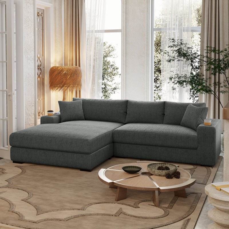 Landry Corduroy Sectional Sofa With Cup Holders & Charging Ports, Gray