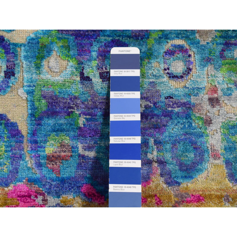 Tapis de passage en soie sari Â« THE PEACOCK Â», nouÃ© Ã  la main, bleu amiral, 3 pi x 12 pi 4 po, G87681